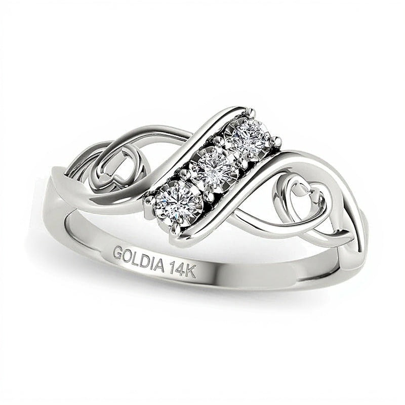 0.1 CT. TW Diamond Three Stone Bypass with Hearts Ring in 14K White Gold