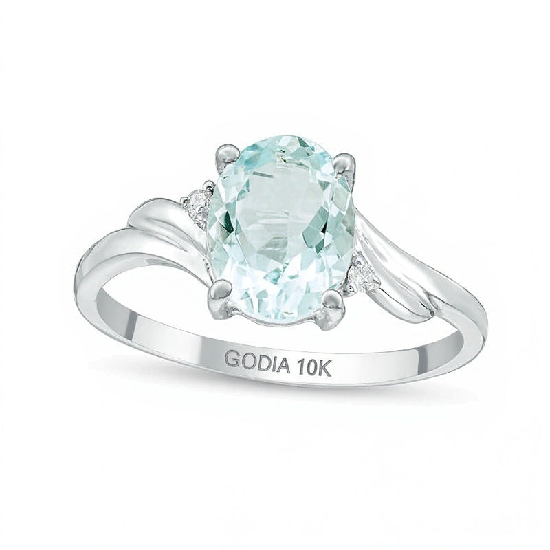 Oval Aquamarine and Diamond Accent Bypass Swirl Shank Ring in 10K White Gold