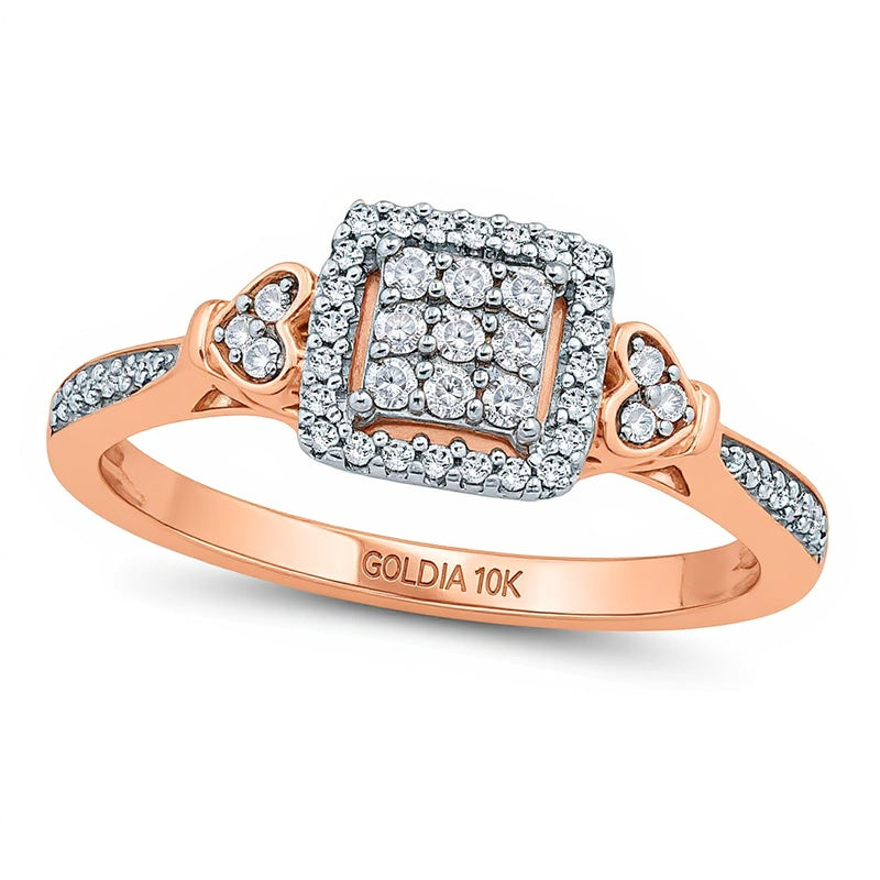 0.25 CT. TW Composite Champagne and White Diamond Cushion Frame Heart Sides Promise Ring in 10K Rose Gold