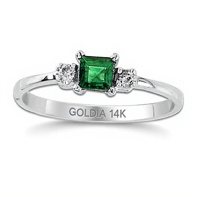 Princess-Cut Emerald and Diamond Accent Engagement Ring in 14K White Gold