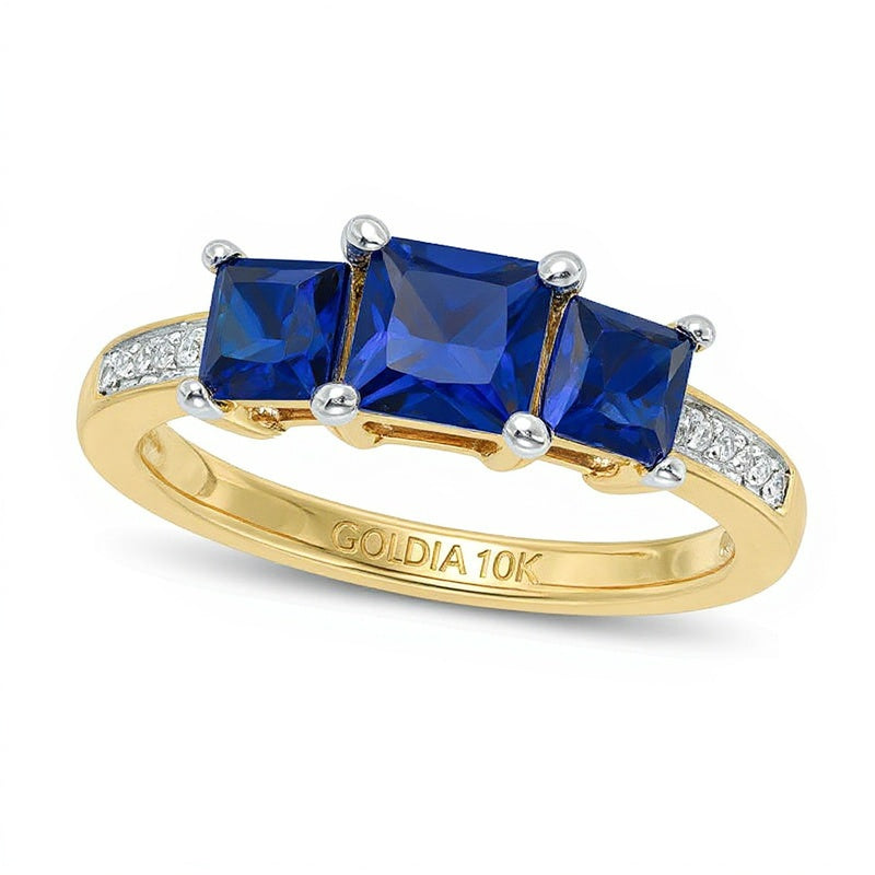 Princess-Cut Lab-Created Blue Sapphire and Diamond Accent Three Stone Ring in 10K Gold