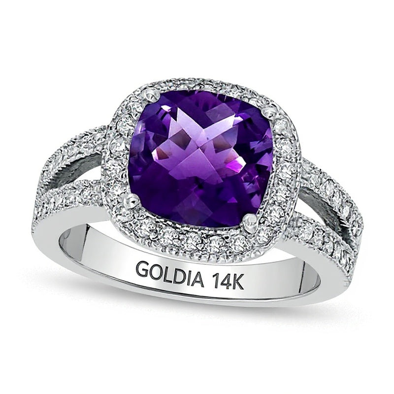 Cushion-Cut Amethyst and 0.5 CT. TW Diamond Frame Ring in 14K White Gold