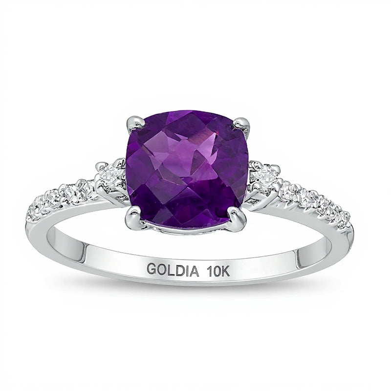 7.0mm Cushion-Shaped Amethyst and 0.13 CT. TW Diamond Engagement Ring in 10K White Gold
