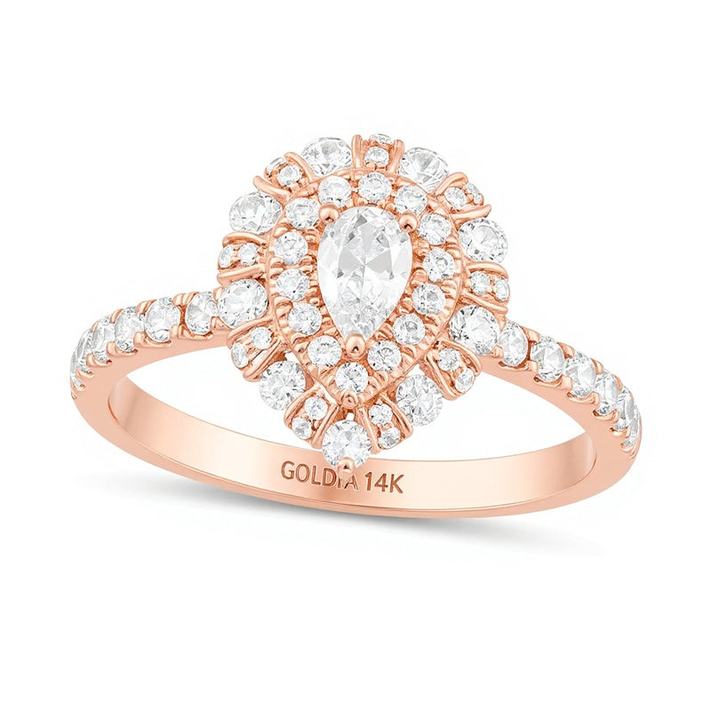 1.0 CT. TW Pear-Shaped Diamond Double Frame Art Deco Engagement Ring in 14K Rose Gold