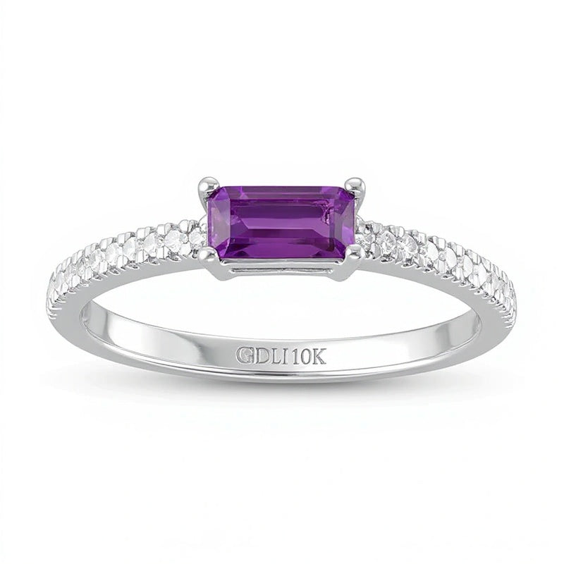 Sideways Baguette Amethyst and 0.1 CT. TW Diamond PavÃ© Ring in 10K White Gold
