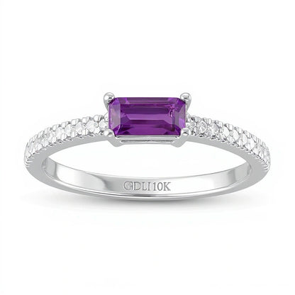 Sideways Baguette Amethyst and 0.1 CT. TW Diamond PavÃ© Ring in 10K White Gold