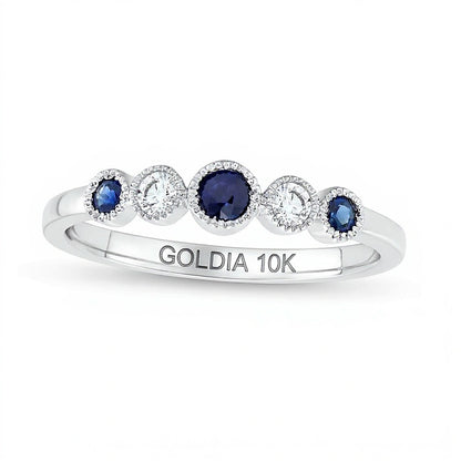 Alternating Blue Sapphire and 0.1 CT. TW Diamond Five Stone Vintage-Style Ring in 10K White Gold