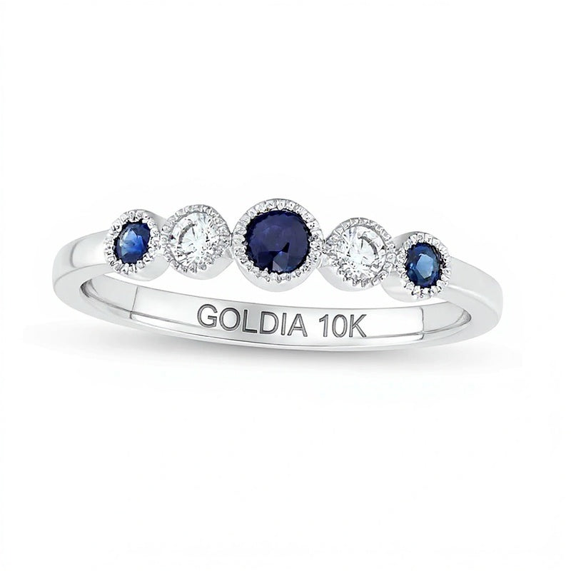 Alternating Blue Sapphire and 0.1 CT. TW Diamond Five Stone Vintage-Style Ring in 10K White Gold