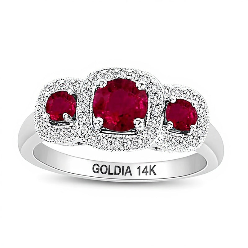Ruby and 0.2 CT. TW Diamond Vintage-Style Three Stone Engagement Ring in 14K White Gold
