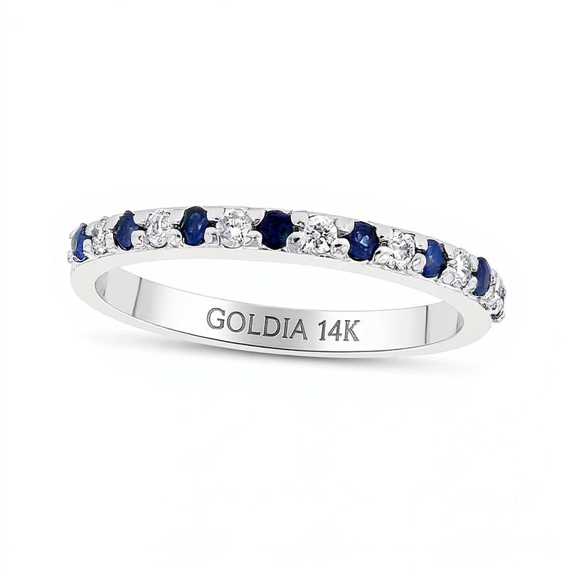 Blue Sapphire and 0.17 CT. TW Diamond Alternating Band in 14K White Gold