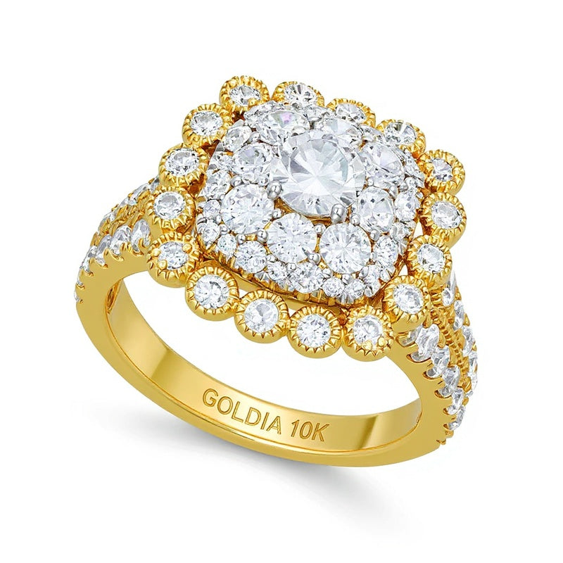 2.0 CT. TW Cushion Multi-Diamond Bubble Frame Vintage-Style Engagement Ring in 10K Gold