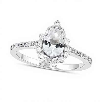 Pear-Shaped White Lab-Created Sapphire and 0.2 CT. TW Diamond Pointed Frame Engagement Ring in 10K White Gold