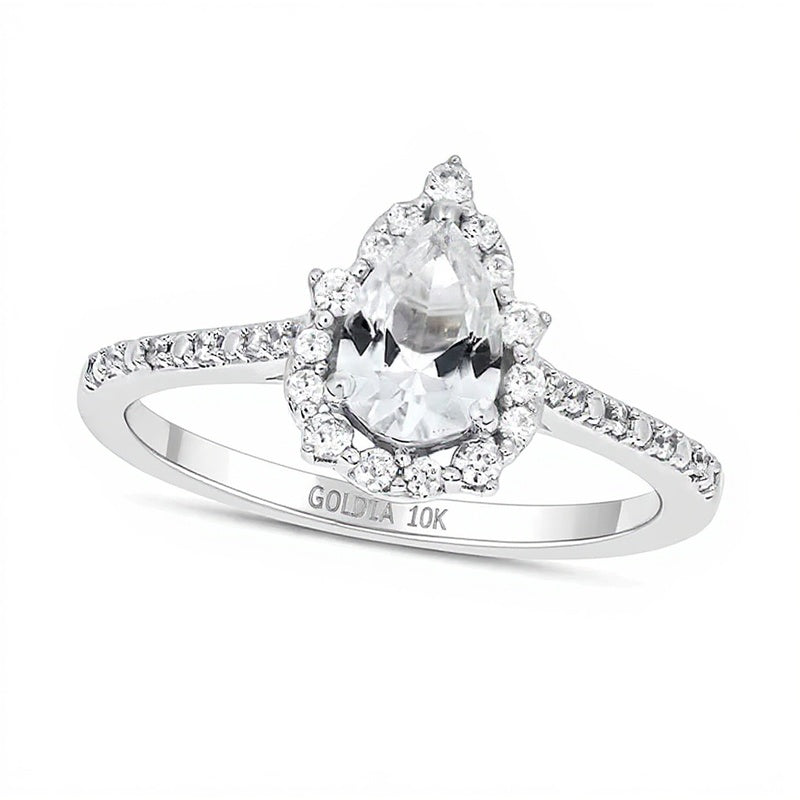 Pear-Shaped White Lab-Created Sapphire and 0.2 CT. TW Diamond Pointed Frame Engagement Ring in 10K White Gold