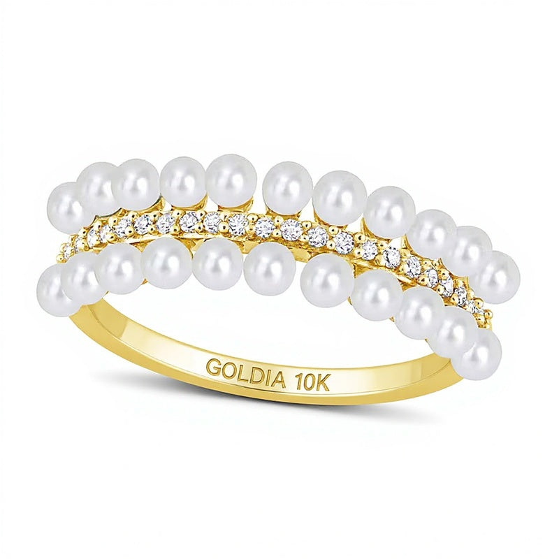Freshwater Cultured Pearl and 0.1 CT. TW Diamond Triple Row Ring in 10K Gold