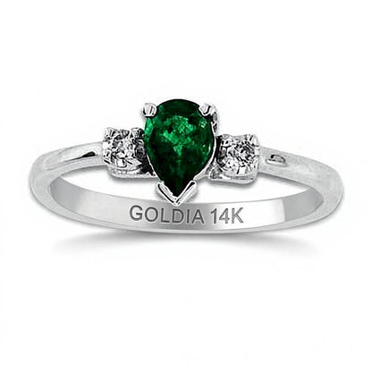 Pear-Shaped Emerald and Diamond Accent Engagement Ring in 14K White Gold