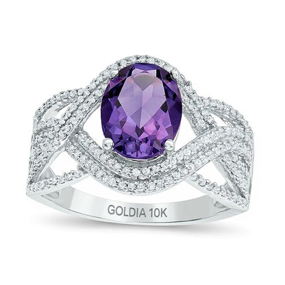 Oval Amethyst and 0.33 CT. TW Diamond Double Row Twist Ring in 10K White Gold