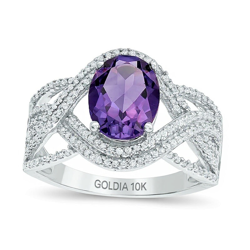 Oval Amethyst and 0.33 CT. TW Diamond Double Row Twist Ring in 10K White Gold