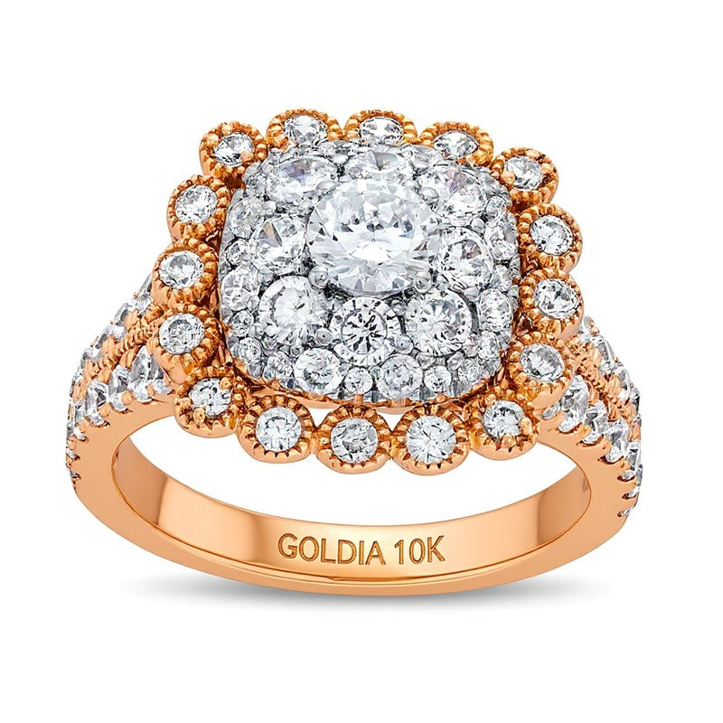 2.0 CT. TW Cushion Multi-Diamond Bubble Frame Vintage-Style Engagement Ring in 10K Rose Gold