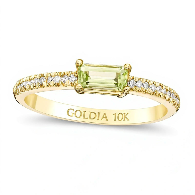 Sideways Baguette Peridot and 0.1 CT. TW Diamond Stackable Ring in 10K Gold