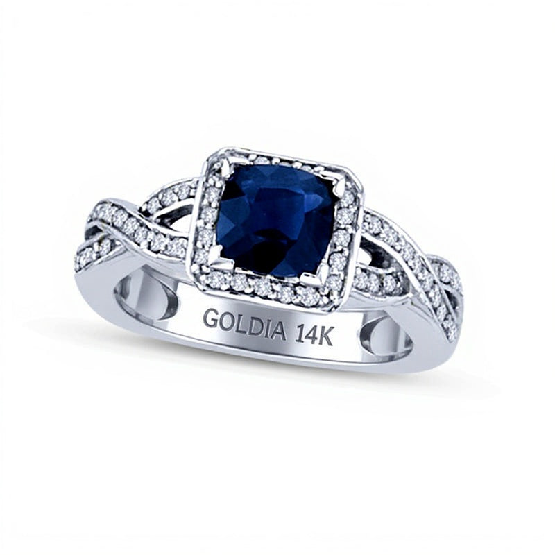6.0mm Cushion-Cut Blue Sapphire and 0.38 CT. TW Diamond Frame Engagement Ring in 14K White Gold