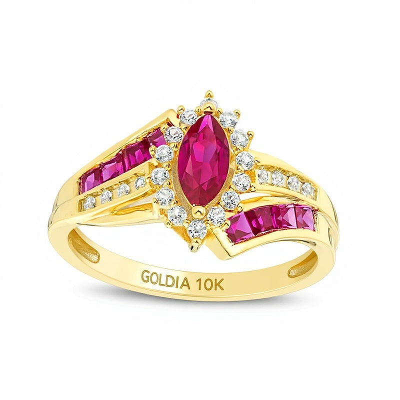 Marquise Ruby and 0.17 CT. TW Diamond Double Row Bypass Ring in 10K Gold