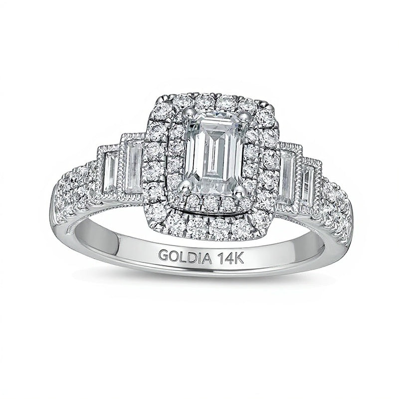 1.2 CT. TW Emerald-Cut Diamond Frame Vintage-Style Tiered Shank Engagement Ring in 14K White Gold (I/I1)