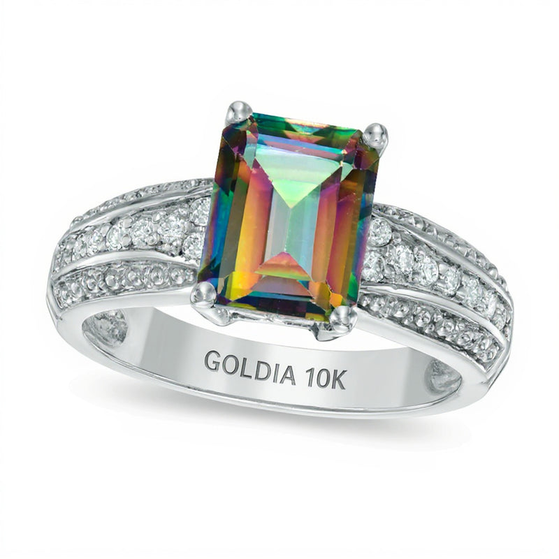 Emerald-Cut Mystic FireÂ® Topaz and 0.17 CT. TW Diamond Ring in 10K White Gold