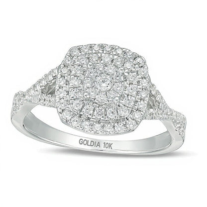 0.5 CT. TW Diamond Triple Cushion Frame Crossover Shank Engagement Ring in 10K White Gold