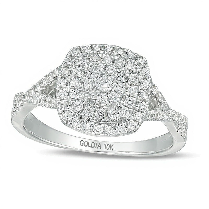 0.5 CT. TW Diamond Triple Cushion Frame Crossover Shank Engagement Ring in 10K White Gold
