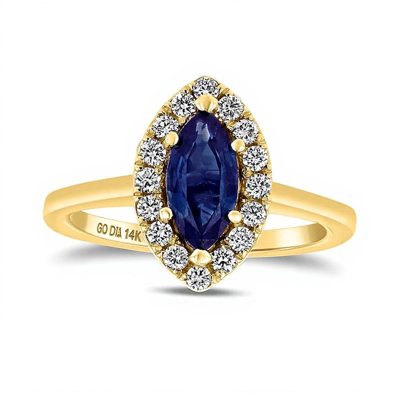 Marquise Blue Sapphire and 0.25 CT. TW Diamond Frame Ring in 14K Gold