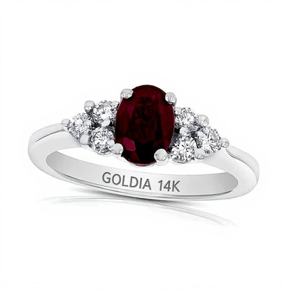 Oval Ruby and 0.33 CT. TW Diamond Tri-Sides Engagement Ring in 14K White Gold
