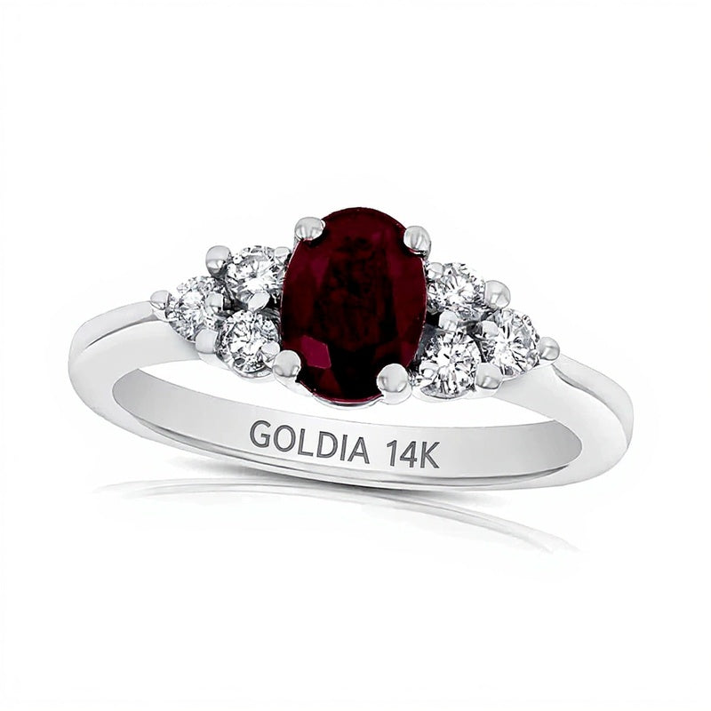 Oval Ruby and 0.33 CT. TW Diamond Tri-Sides Engagement Ring in 14K White Gold
