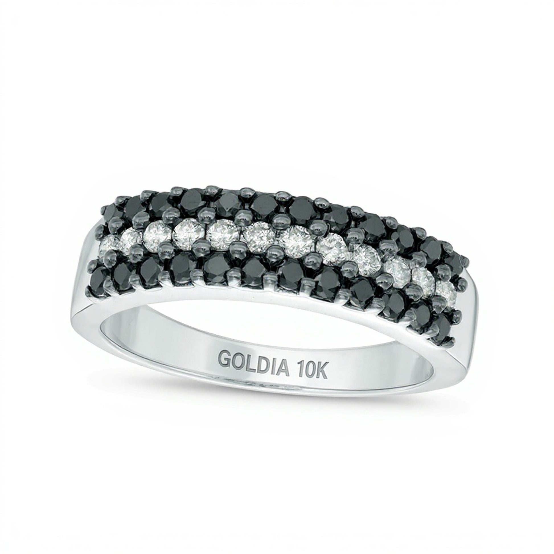 0.75 CT. TW Enhanced Black and White Diamond Three Row Anniversary Band in 10K White Gold