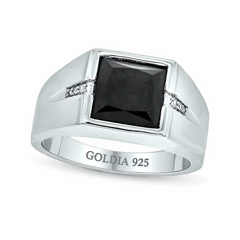 9.0mm Square Onyx and Diamond Accent Split Shank Ring in Sterling Silver