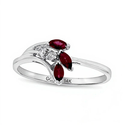 Marquise Ruby and Diamond Accent Three Stone Leaf Ring in 14K White Gold