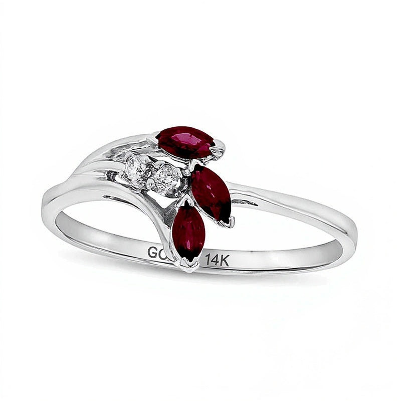 Marquise Ruby and Diamond Accent Three Stone Leaf Ring in 14K White Gold