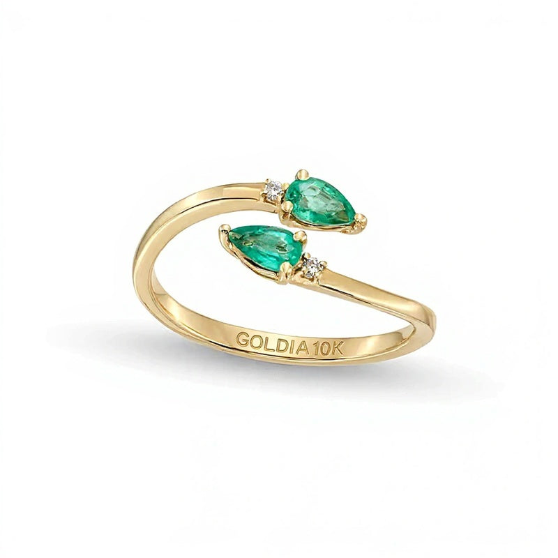 Pear-Shaped Emerald and Diamond Accent Bypass Open Wrap Ring in 10K Gold