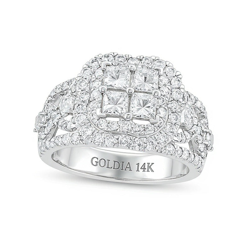 2.5 CT. TW Quad Princess-Cut Diamond Double Quatrefoil Frame Engagement Ring in 14K White Gold