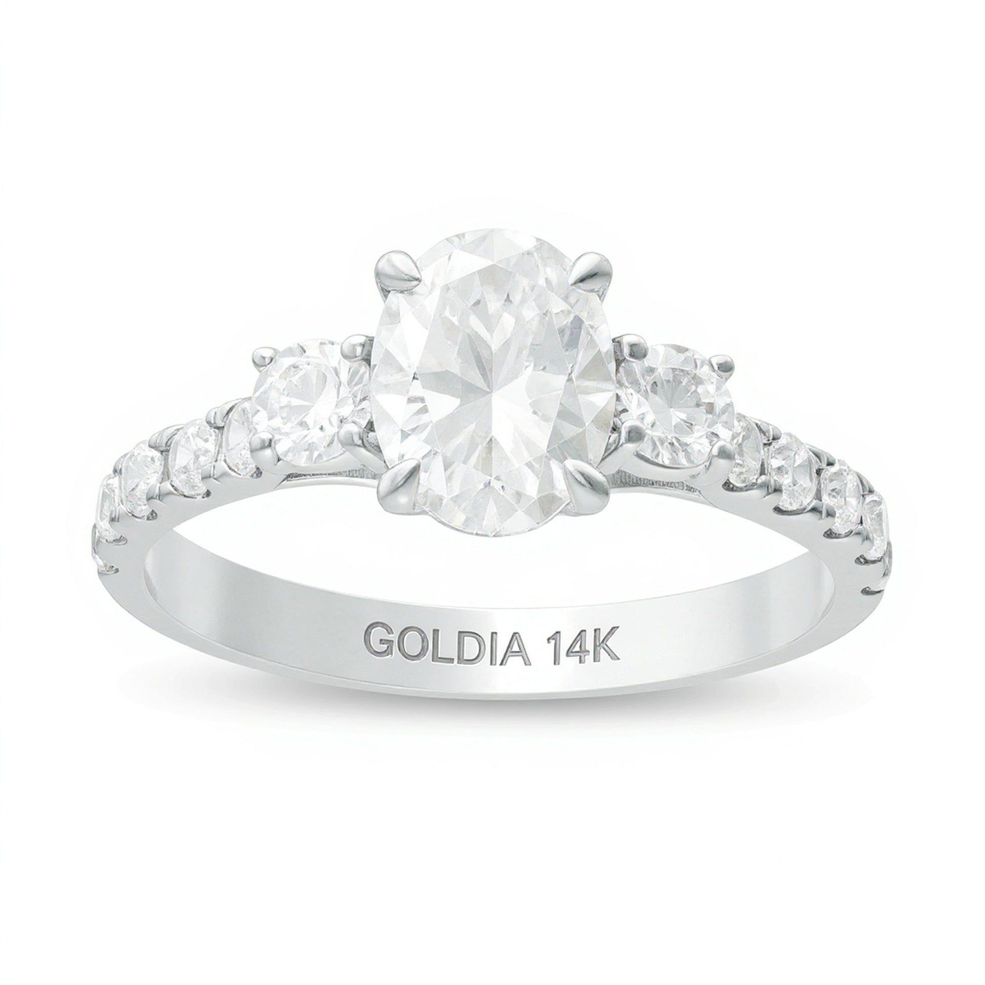 1.75 CT. TW Oval and Round Diamond Three Stone Engagement Ring in 14K White Gold