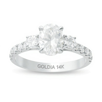 1.75 CT. TW Oval and Round Diamond Three Stone Engagement Ring in 14K White Gold