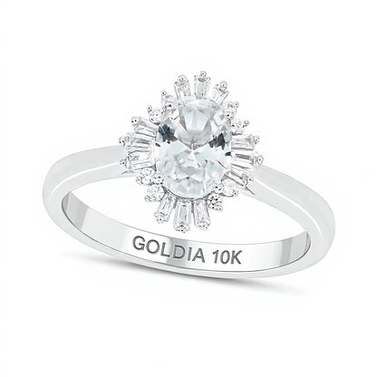 Oval White Lab-Created Sapphire and 0.17 CT. TW Diamond Starburst Frame Engagement Ring in 10K White Gold