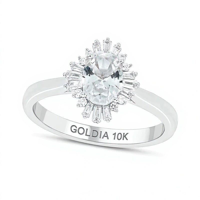 Oval White Lab-Created Sapphire and 0.17 CT. TW Diamond Starburst Frame Engagement Ring in 10K White Gold