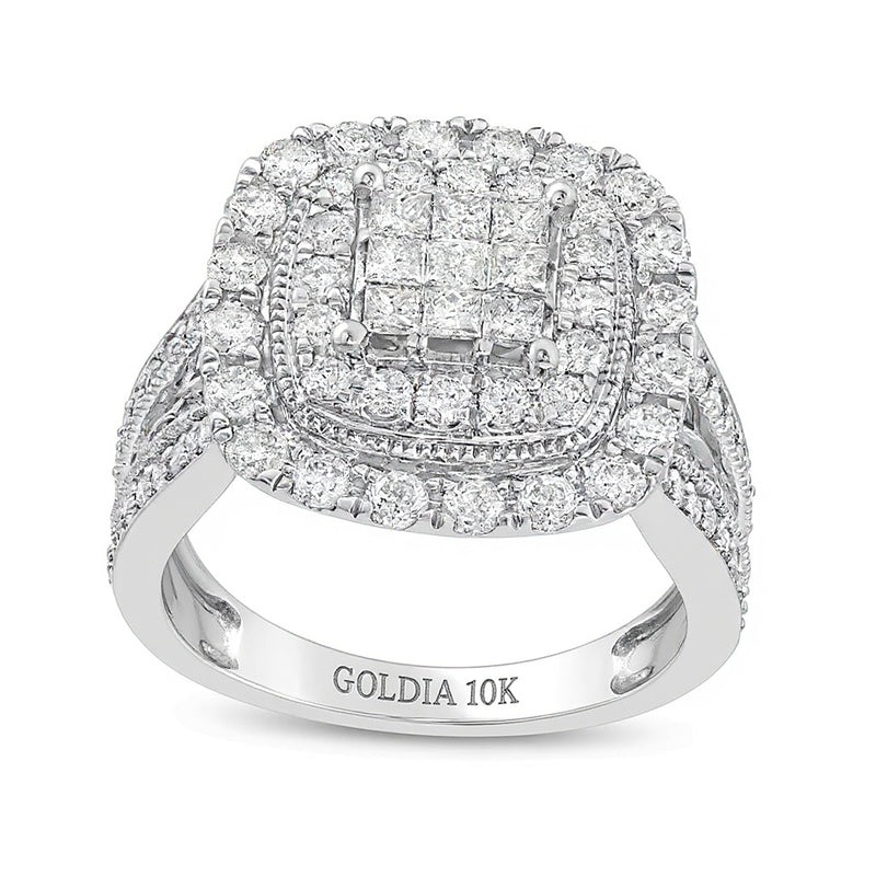 2.0 CT. TW Princess-Cut Multi-Diamond Double Cushion Frame Multi-Row Engagement Ring in 10K White Gold
