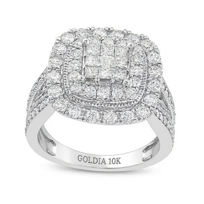 2.0 CT. TW Princess-Cut Multi-Diamond Double Cushion Frame Multi-Row Engagement Ring in 10K White Gold