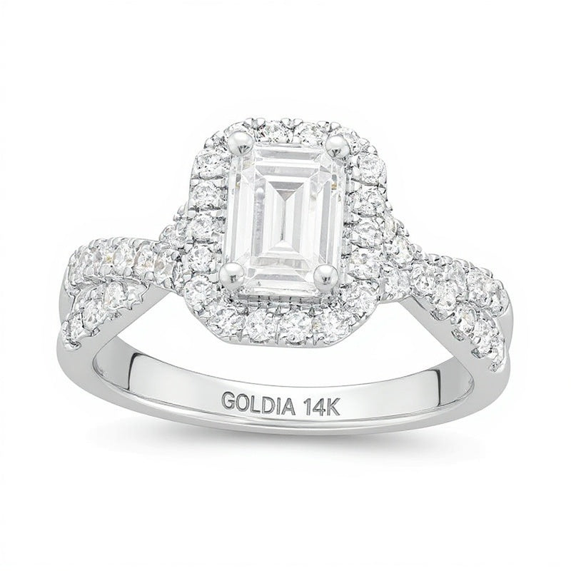 1.5 CT. TW Emerald-Cut Lab-Grown Diamond Frame Twist Shank Engagement Ring in 14K White Gold (F/VS2)