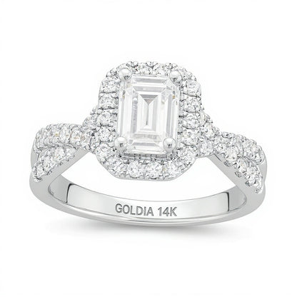 1.5 CT. TW Emerald-Cut Lab-Grown Diamond Frame Twist Shank Engagement Ring in 14K White Gold (F/VS2)