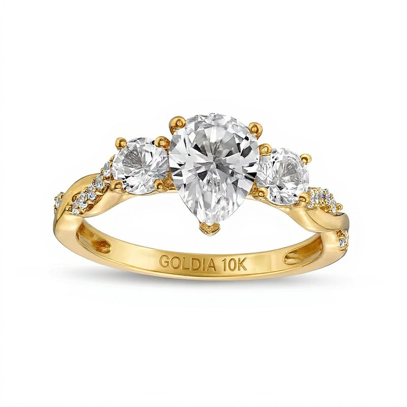 Pear-Shaped White Lab-Created Sapphire and 0.1 CT. TW Diamond Vintage-Style Ring in 10K Gold