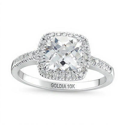 7.0mm Checkerboard Cushion-Shaped White Lab-Created Sapphire and 0.2 CT. TW Diamond Frame PavÃ© Ring in 10K White Gold