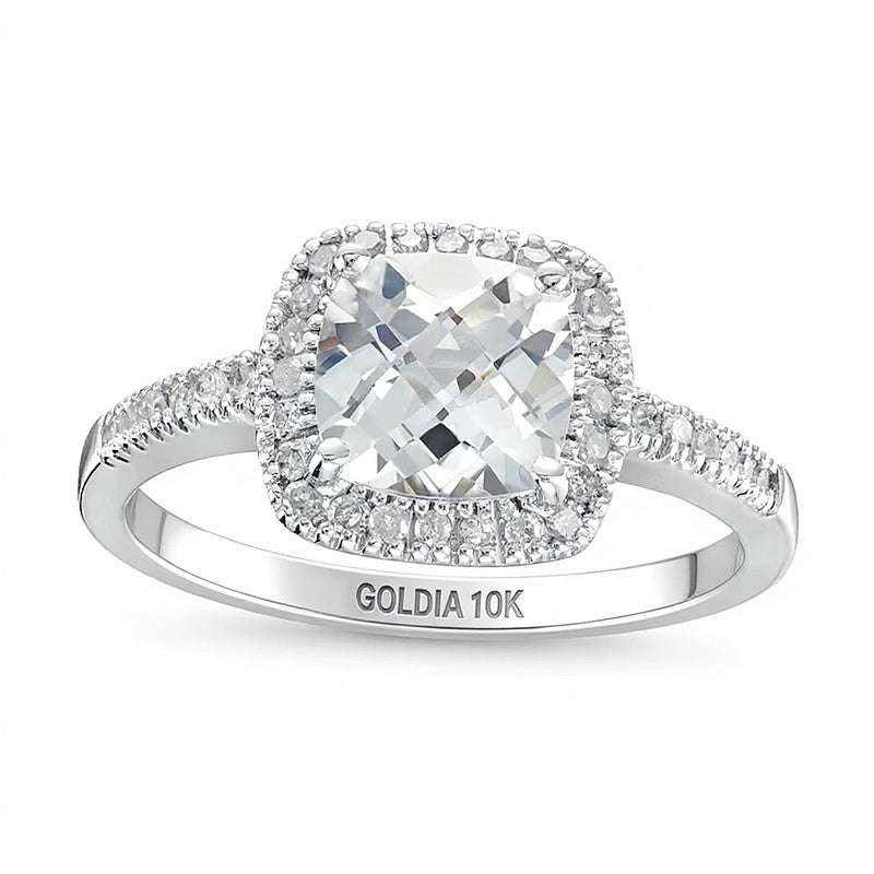 7.0mm Checkerboard Cushion-Shaped White Lab-Created Sapphire and 0.2 CT. TW Diamond Frame PavÃ© Ring in 10K White Gold