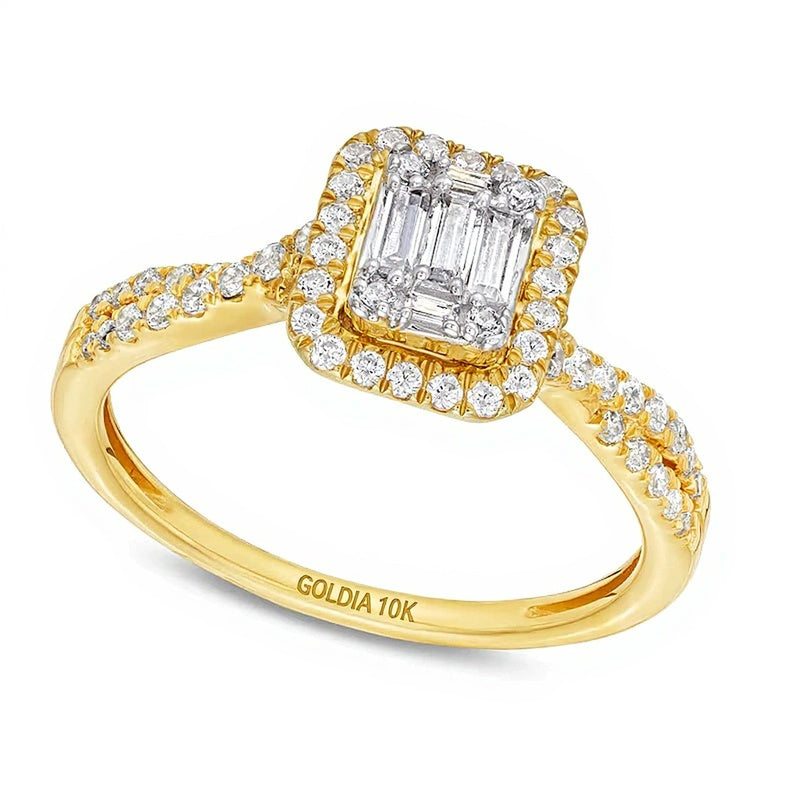 0.5 CT. TW Emerald-Shaped Multi-Diamond Frame Twist Shank Engagement Ring in 10K Gold